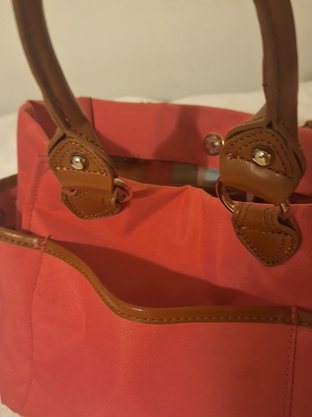 Tyler Rodan Coral Canvas Tote with Tan Trim and Multicolor Tag (13.5 X 8.5 X 4.5 - Picture 15 of 16